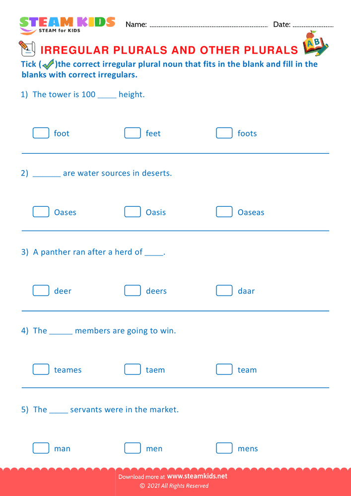 Free English Worksheet - Irregular plurals - Worksheet 7