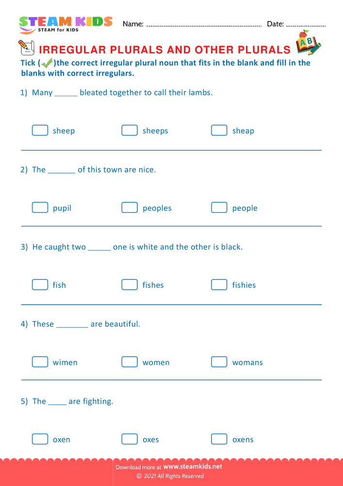 Free English Worksheet - Irregular plurals - Worksheet 8