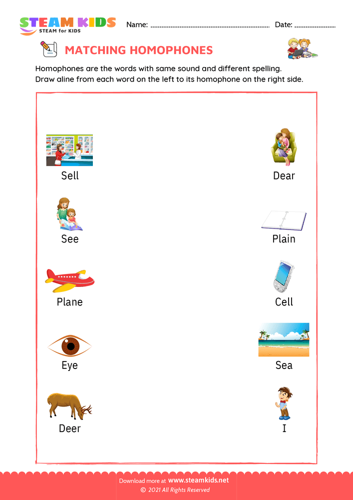 Free English Worksheet - Match homophones - Worksheet 2
