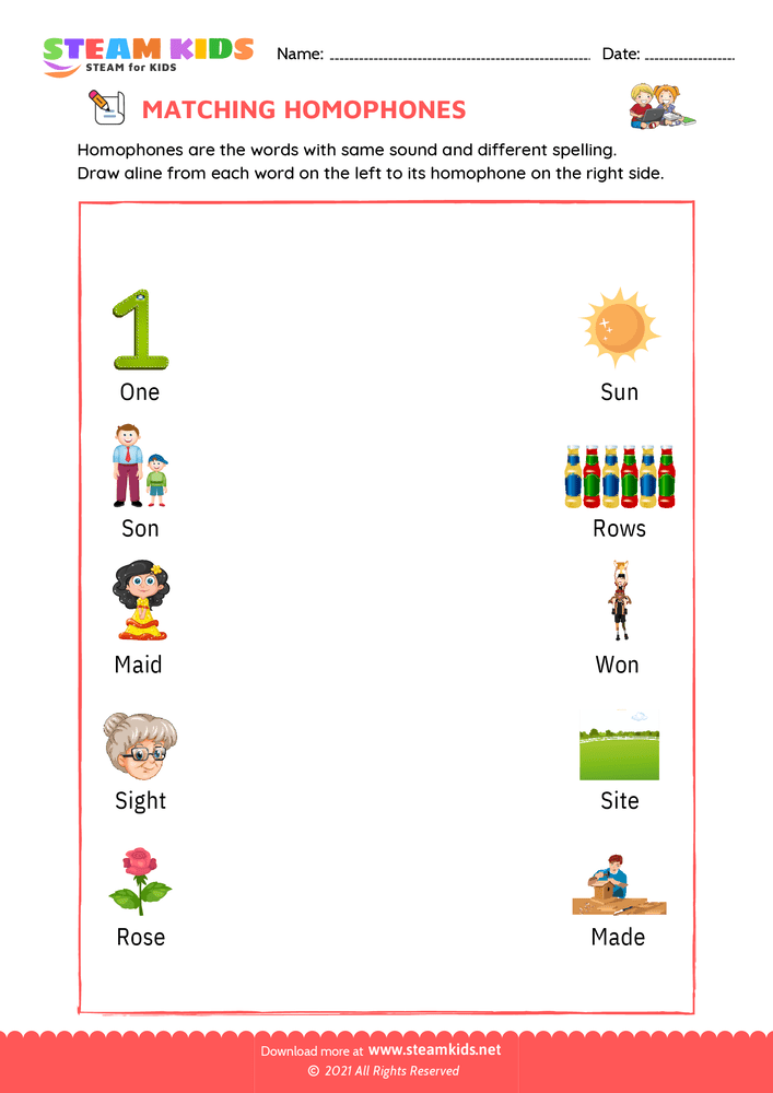 Free English Worksheet - Match homophones - Worksheet 3