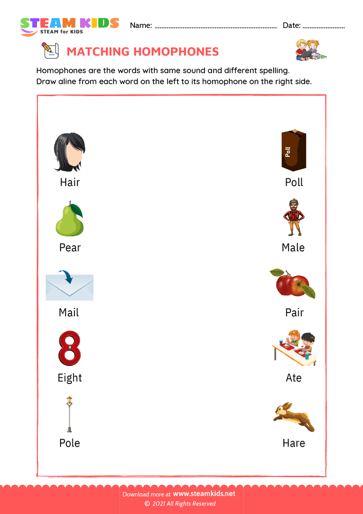 Free English Worksheet - Match homophones - Worksheet 4