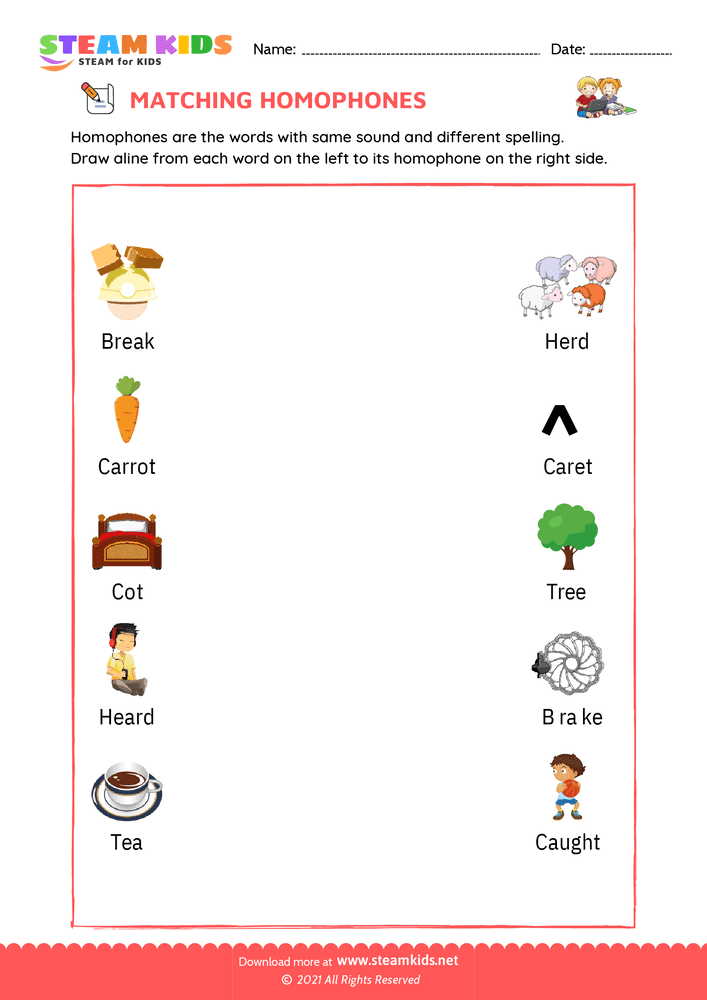 Free English Worksheet - Match homophones - Worksheet 5