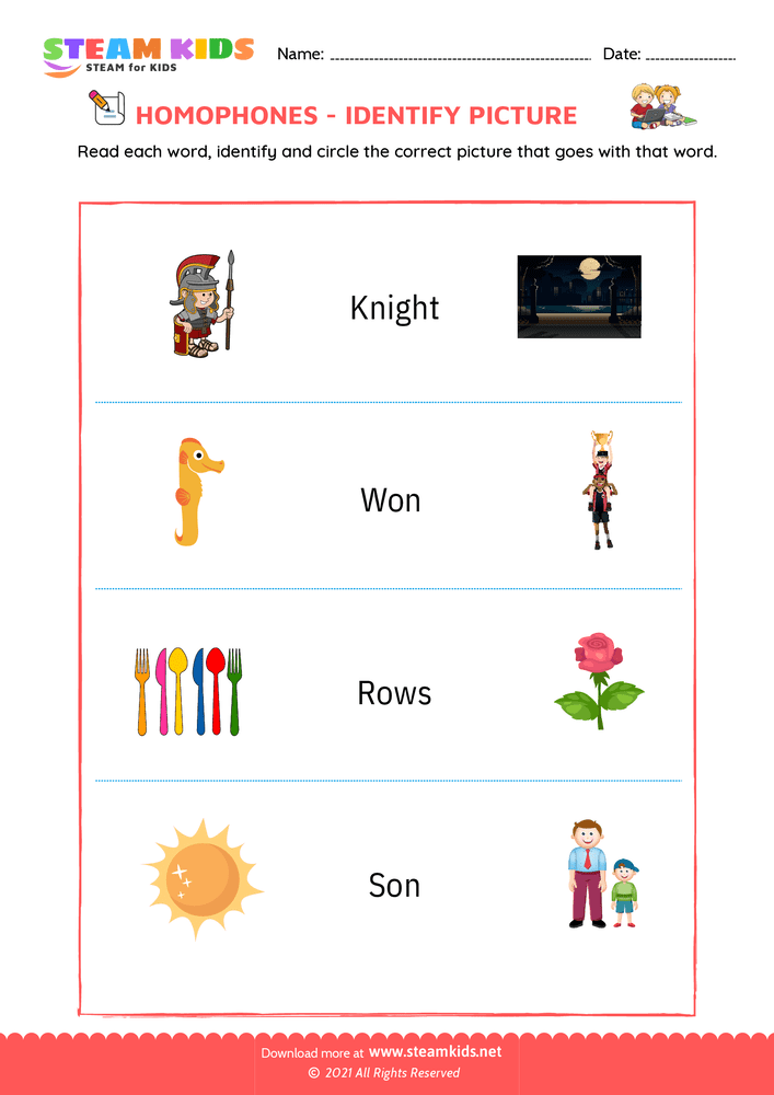 Free English Worksheet - Identify by pictures - Worksheet 3