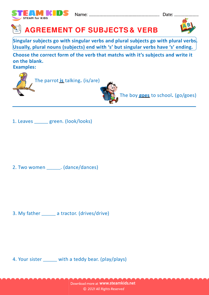 Free English Worksheet - Agreement of Subjects & Verb - Worksheet 2