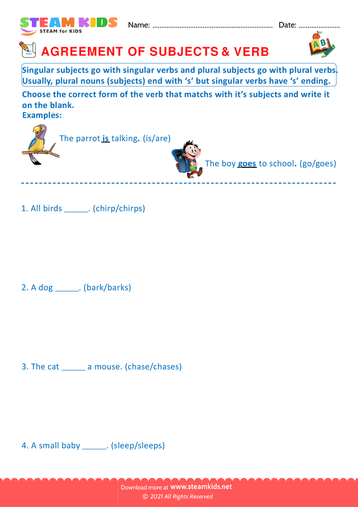 Free English Worksheet - Agreement of Subjects & Verb - Worksheet 9