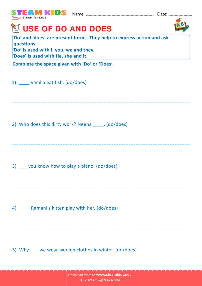 Free English Worksheet - Do, does and did - Worksheet 4