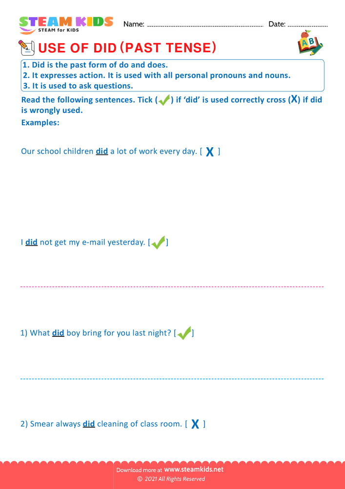 Free English Worksheet - Do, does and did - Worksheet 5