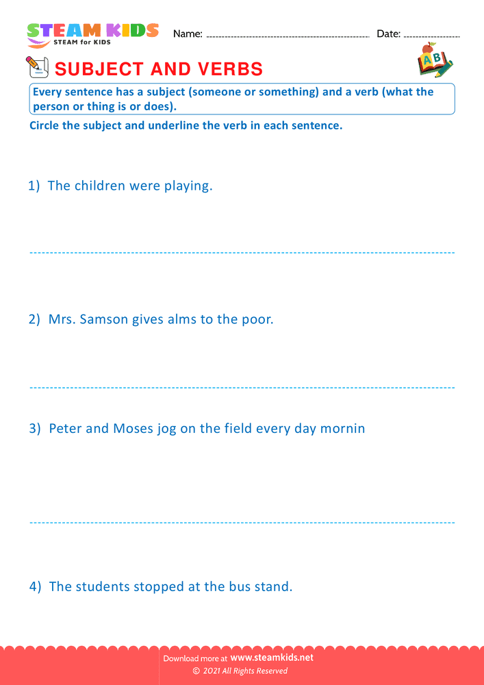 Free English Worksheet - Subject and Verbs - Worksheet 2