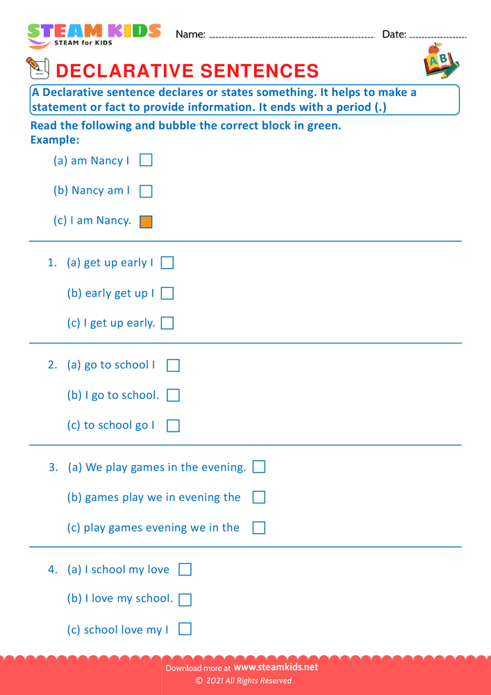 Free English Worksheet - Declarative sentence - Worksheet 1
