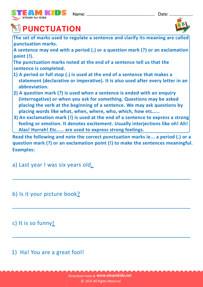 Free English Worksheet - End Punctuation marks - Worksheet 1