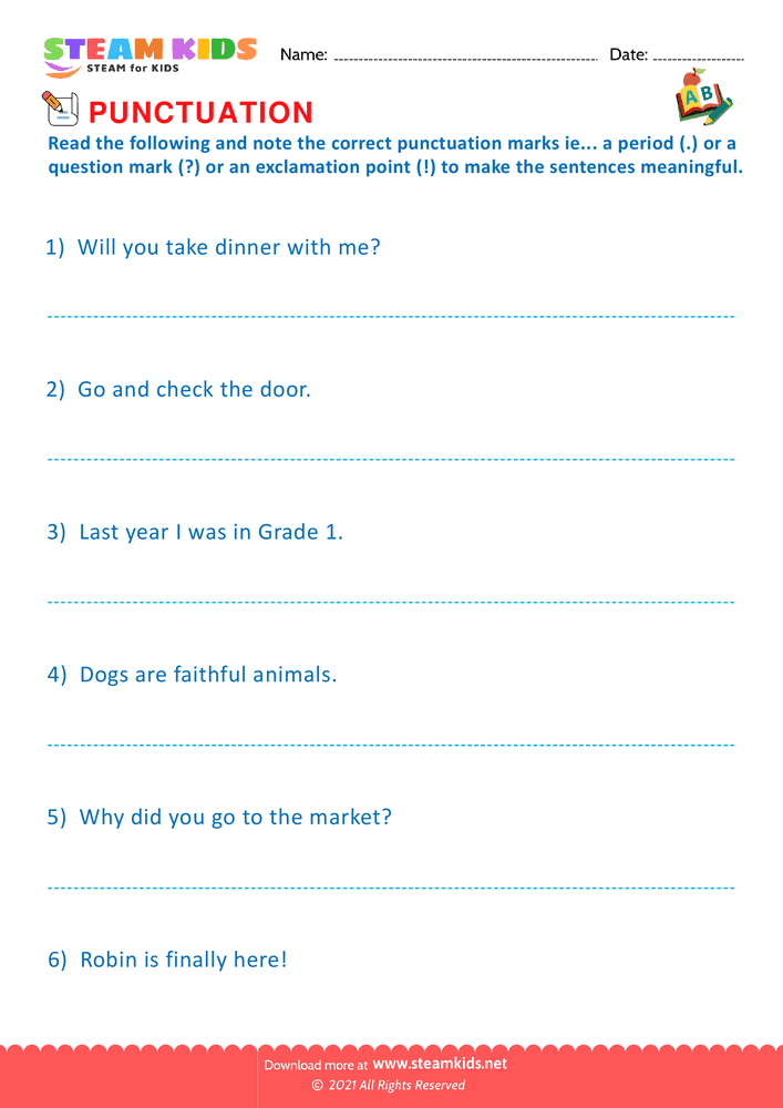 Free English Worksheet - End Punctuation marks - Worksheet 2