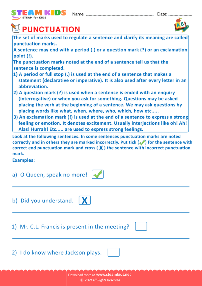 Free English Worksheet - End Punctuation marks - Worksheet 6