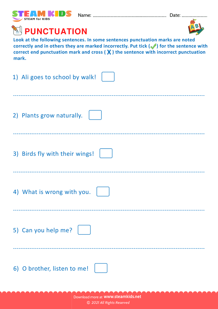 Free English Worksheet - End Punctuation marks - Worksheet 7