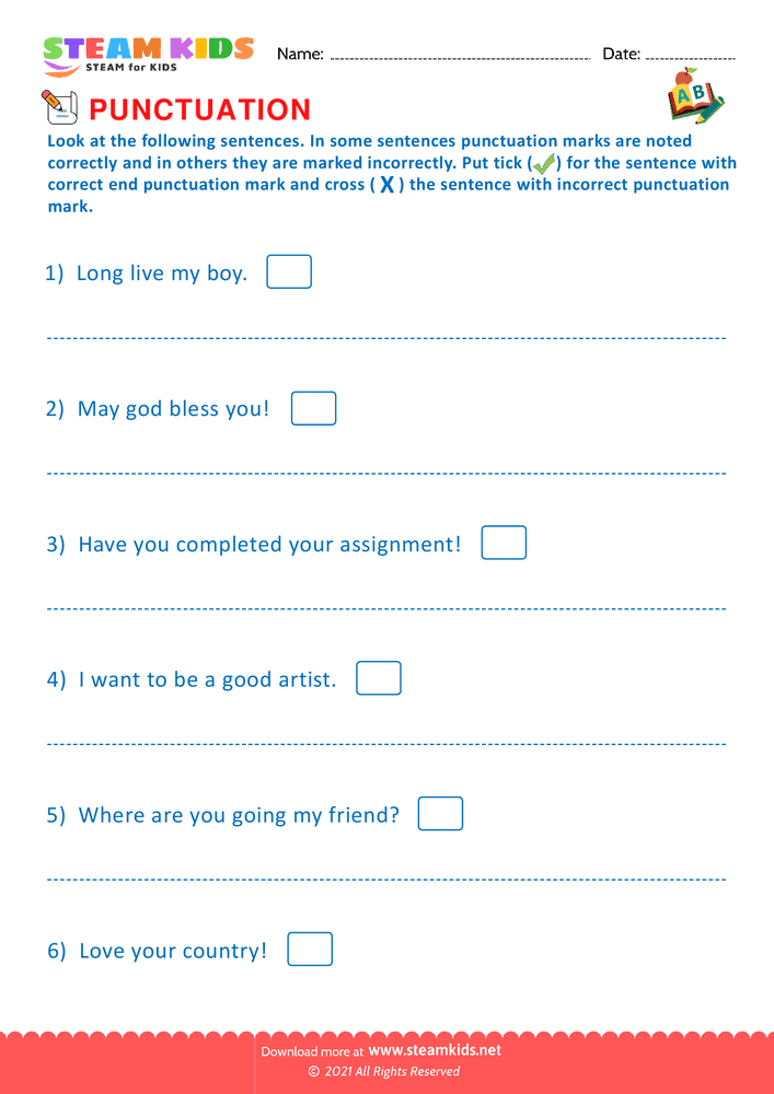 Free English Worksheet - End Punctuation marks - Worksheet 8