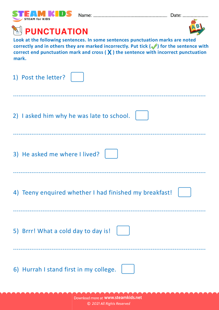 Free English Worksheet - End Punctuation marks - Worksheet 9