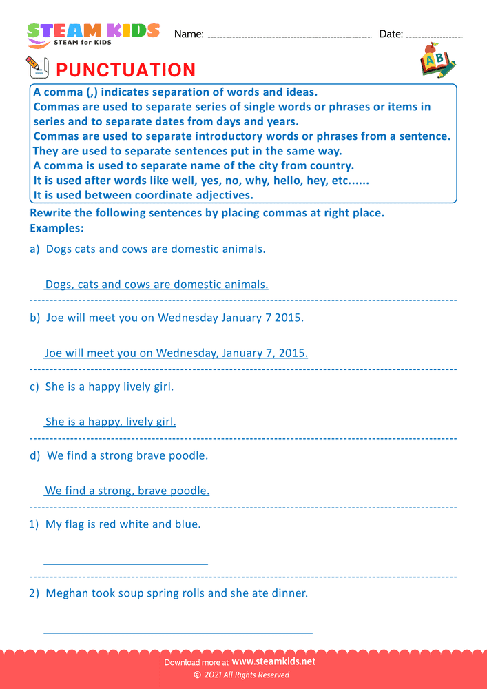 Free English Worksheet - Using Commas - Worksheet 1