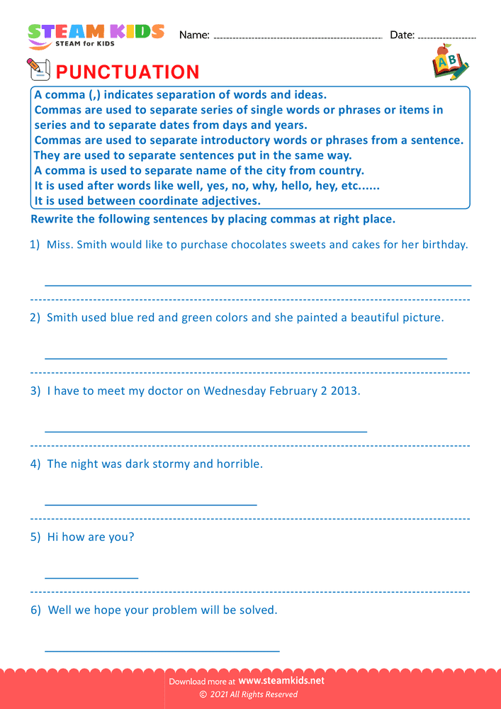 Free English Worksheet - Using Commas - Worksheet 2