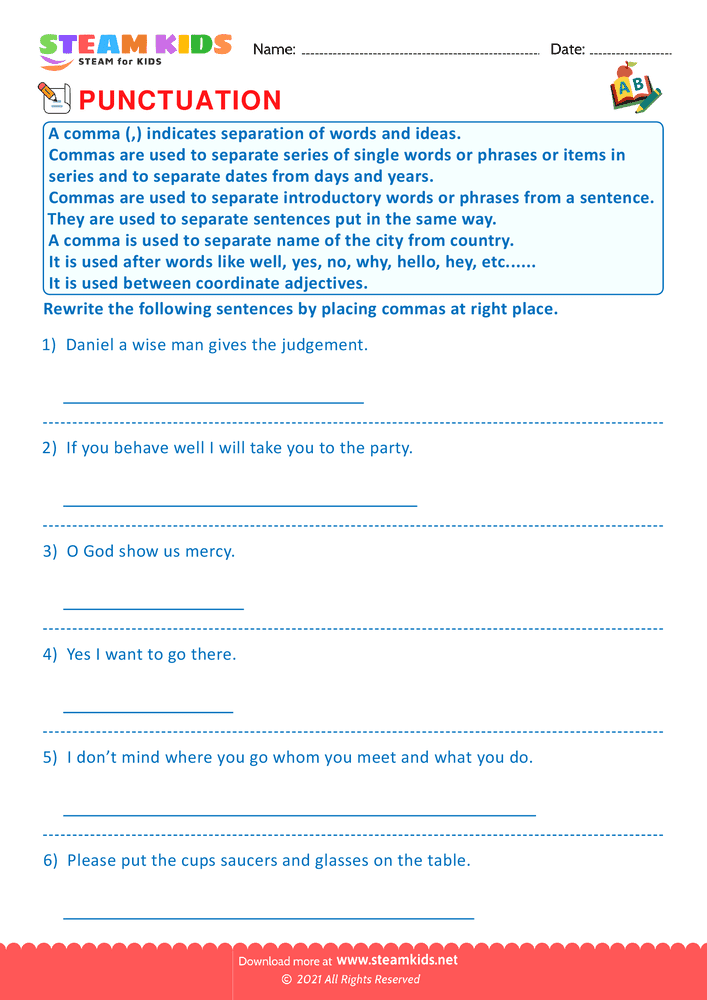 Free English Worksheet - Using Commas - Worksheet 3