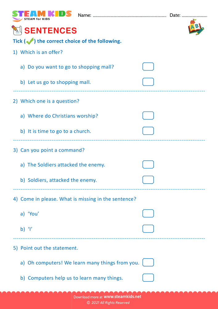 Free English Worksheet - Indentify the sentence type - Worksheet 11