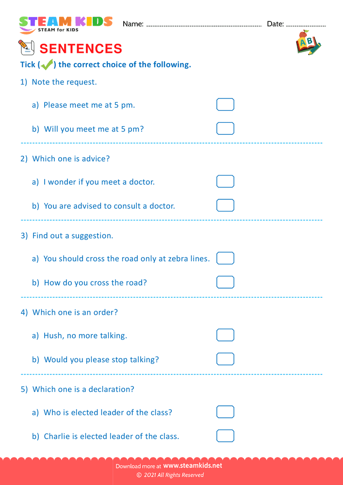 Free English Worksheet - Indentify the sentence type - Worksheet 12