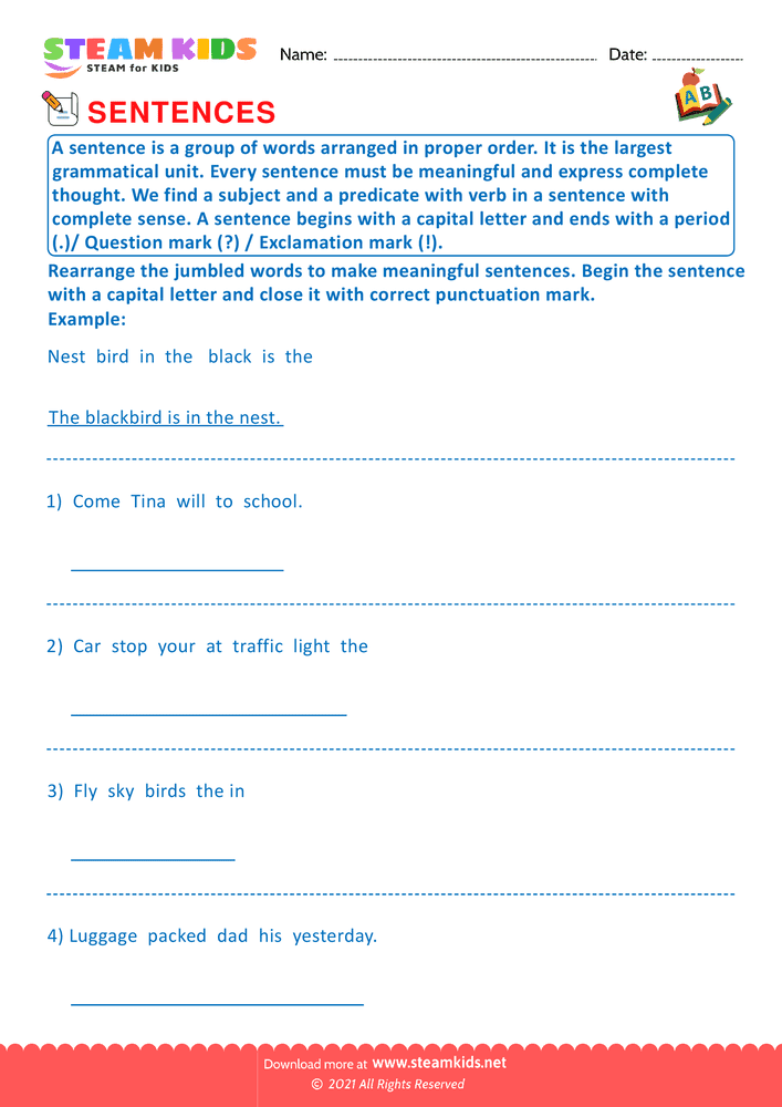 Free English Worksheet - Rearranged the jumbled words - Worksheet 1