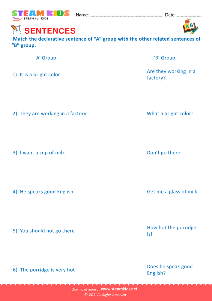 Free English Worksheet - Match Sentences - Worksheet 3