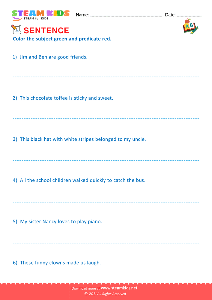 Free English Worksheet - Identify subject and predicate - Worksheet 2