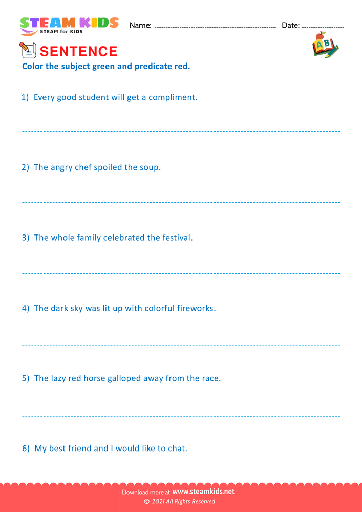Free English Worksheet - Identify subject and predicate - Worksheet 3