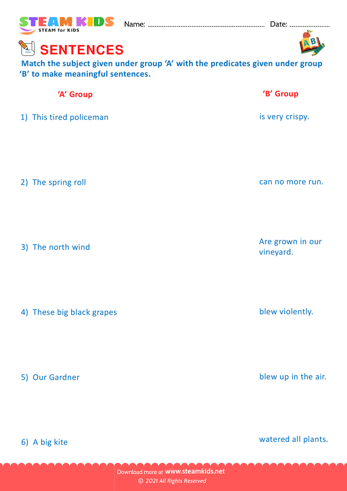 Free English Worksheet - Identify subject and predicate - Worksheet 6