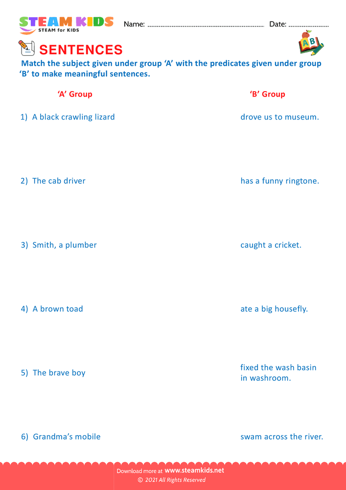 Free English Worksheet - Identify subject and predicate - Worksheet 7