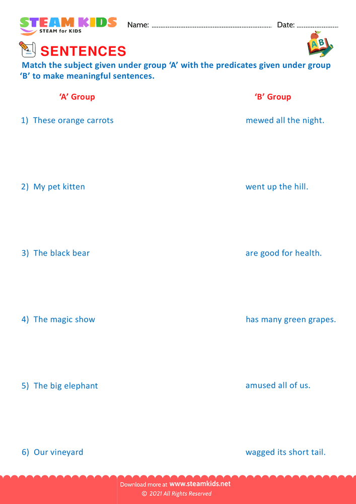 Free English Worksheet - Identify subject and predicate - Worksheet 8