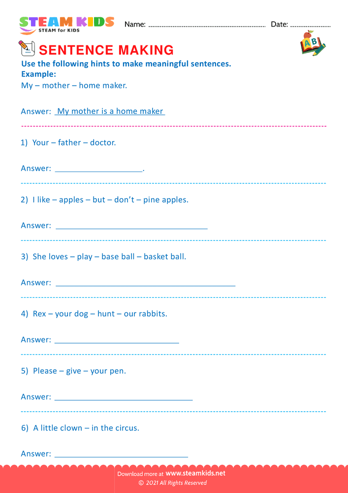 Free English Worksheet - Making Sentence - Worksheet 3