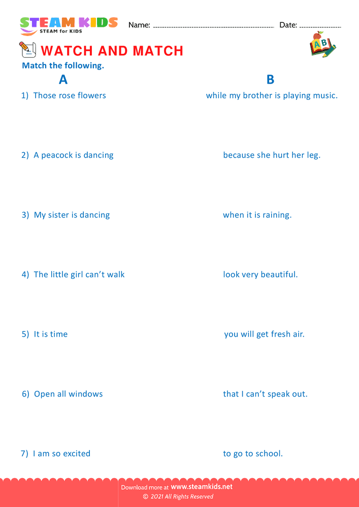 Free English Worksheet - Watch and Match - Worksheet 1