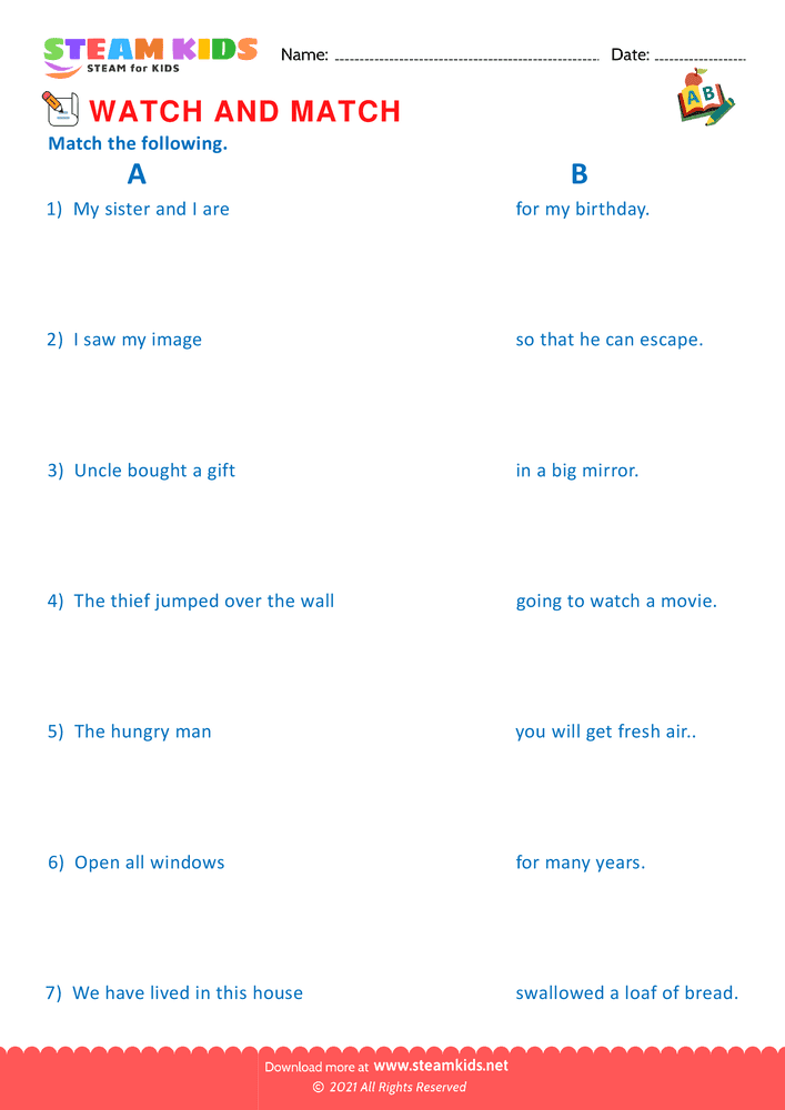 Free English Worksheet - Watch and Match - Worksheet 2