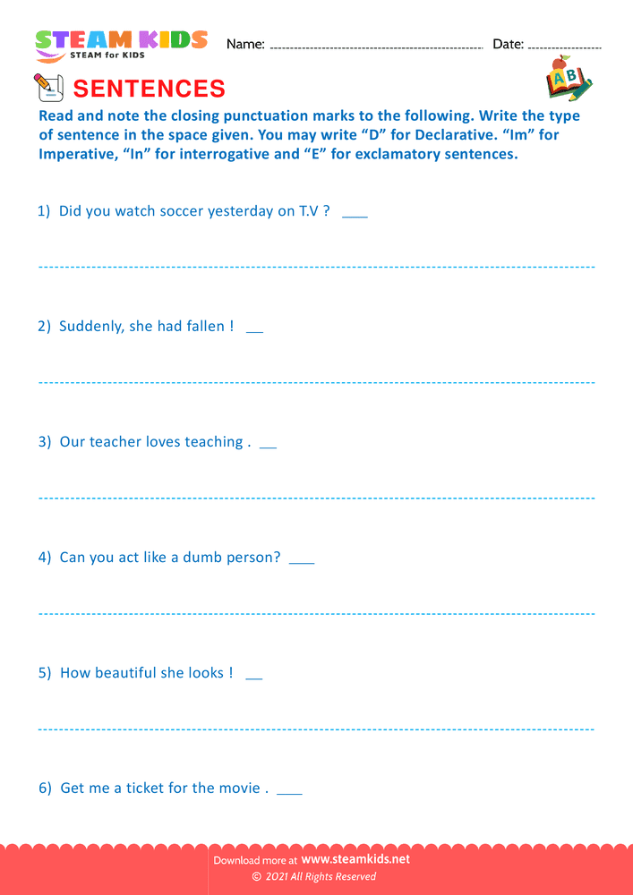 Free English Worksheet - Punctuate & identify sentences - Worksheet 2