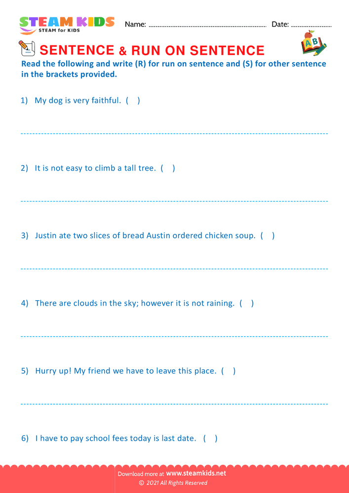 Free English Worksheet - Sentence & Run on sentence - Worksheet 2