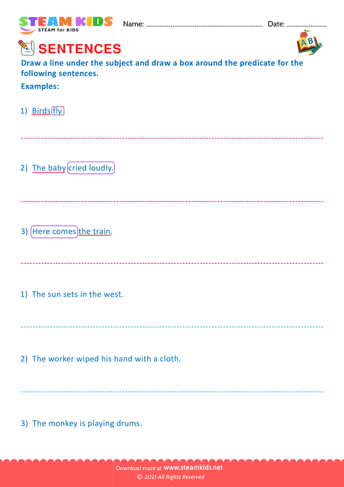 Free English Worksheet - Subject & Predicate - Worksheet 1