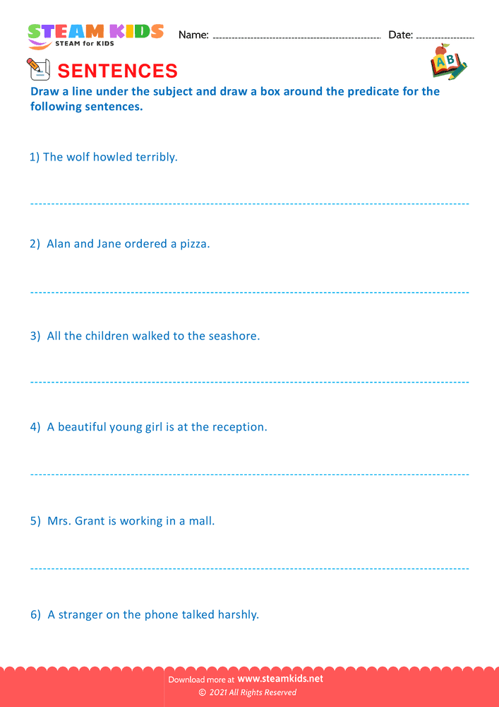 Free English Worksheet - Subject & Predicate - Worksheet 3