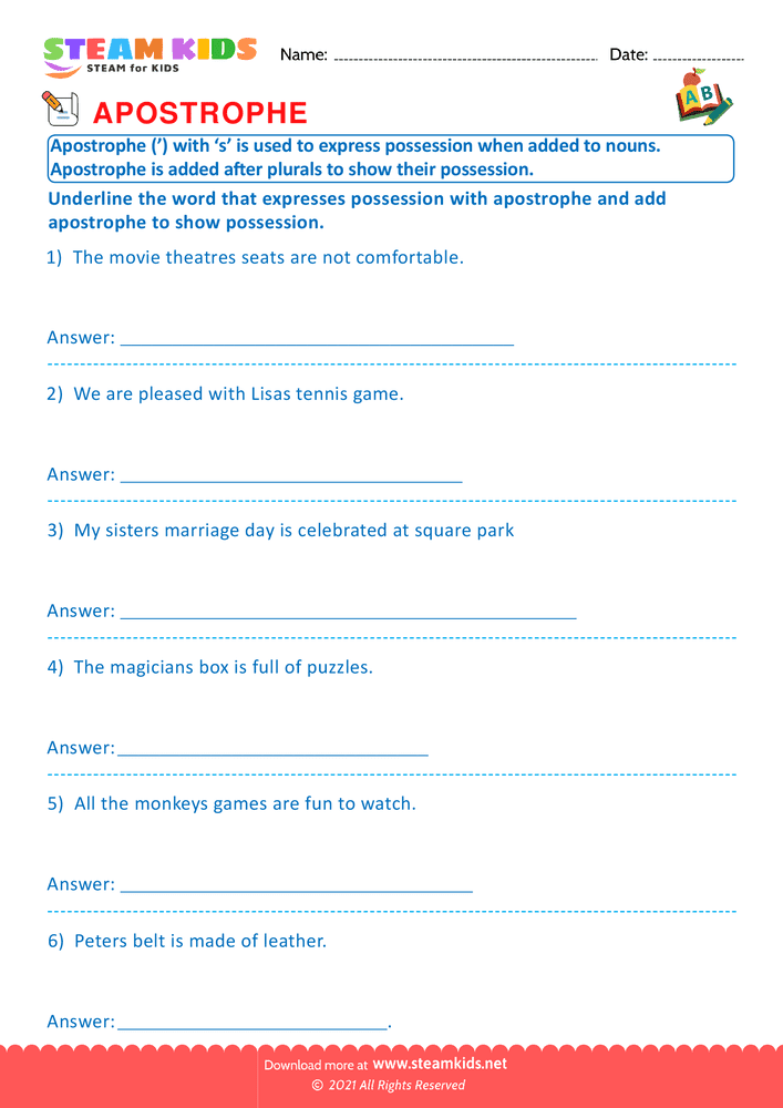Free English Worksheet - Apostrophe - Worksheet 4