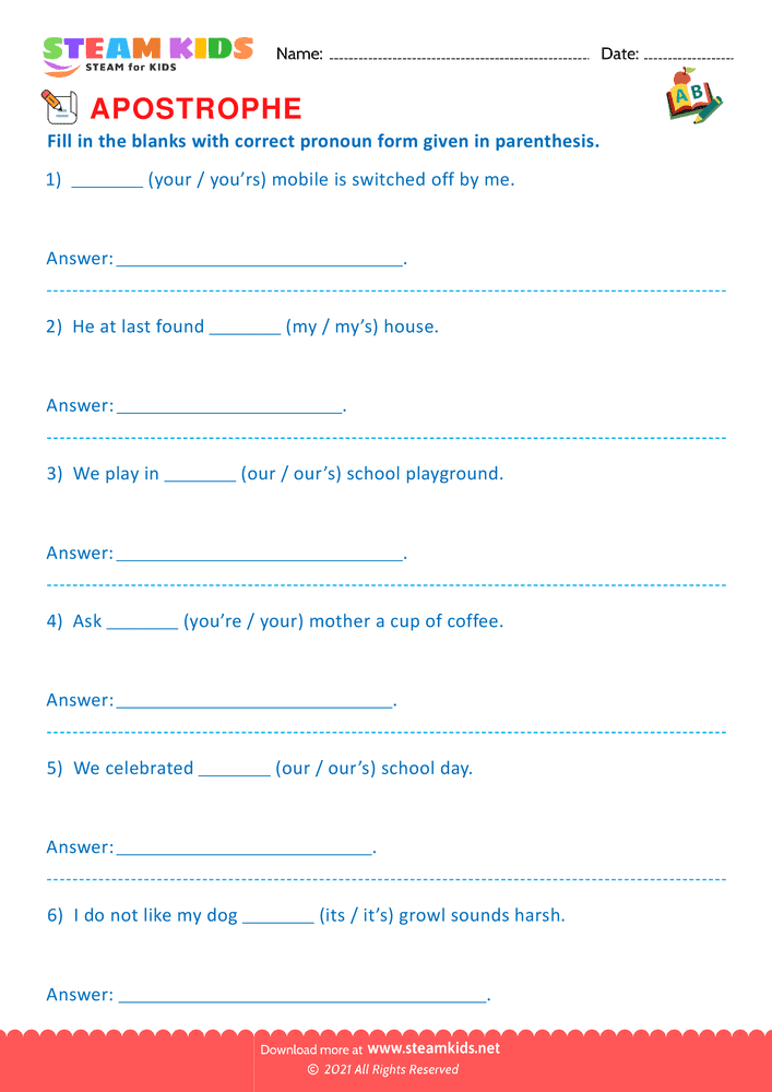 Free English Worksheet - Apostrophe - Worksheet 10