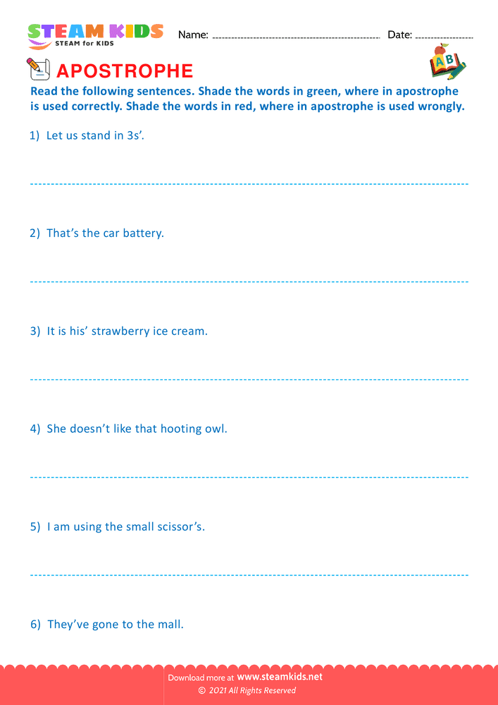Free English Worksheet - Apostrophe - Worksheet 19
