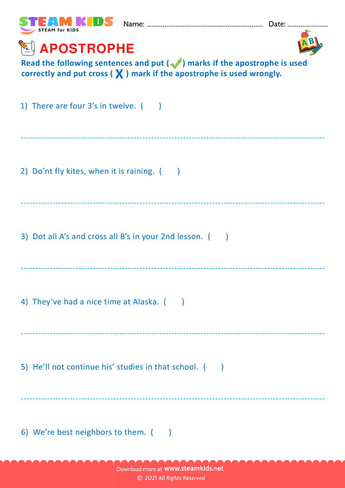 Free English Worksheet - Apostrophe - Worksheet 24