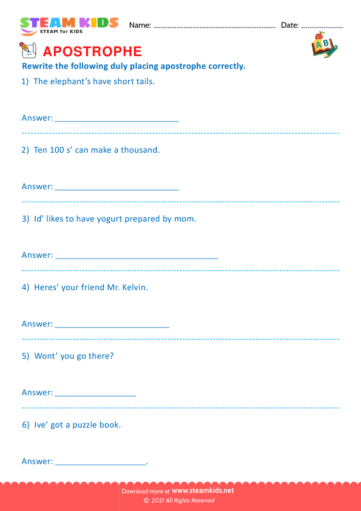 Free English Worksheet - Apostrophe - Worksheet 29