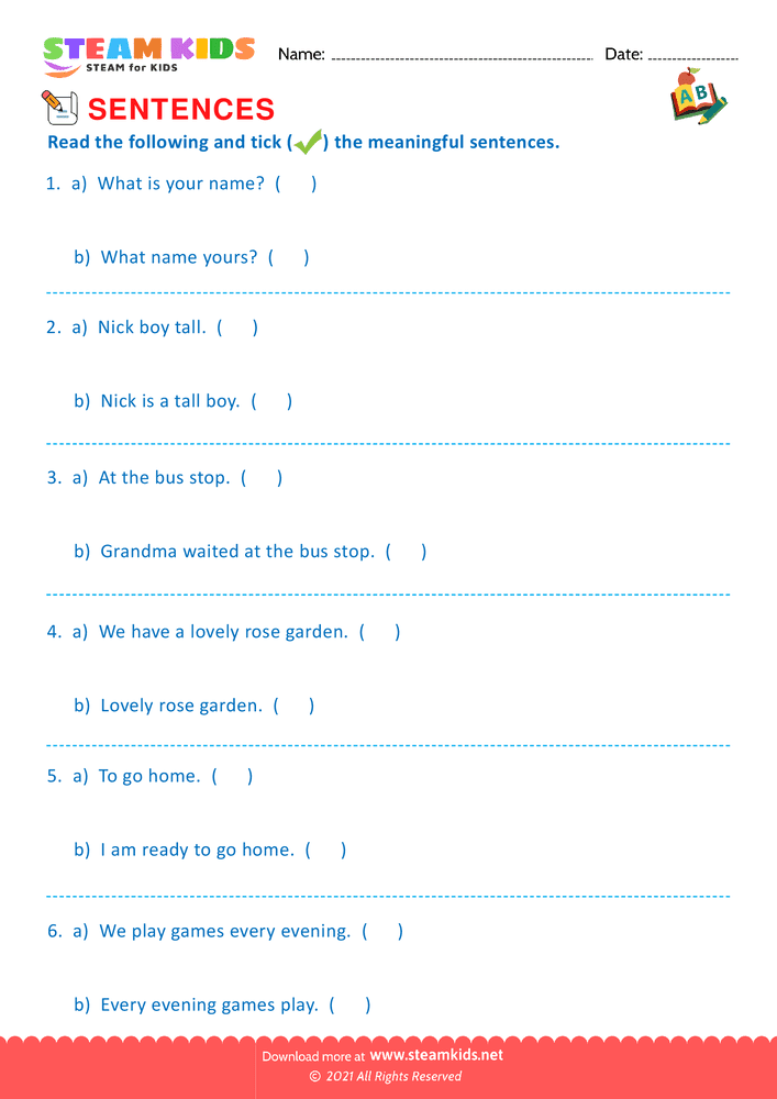 Free English Worksheet - Meaningful sentences - Worksheet 2