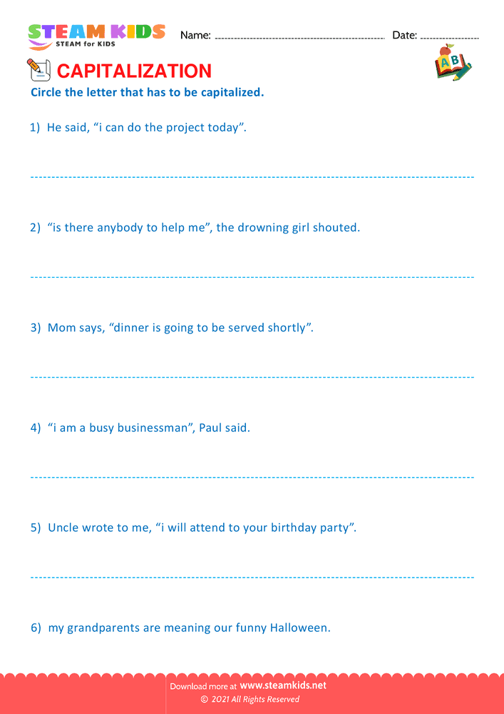 Free English Worksheet - Identify the capitalization word - Worksheet 4