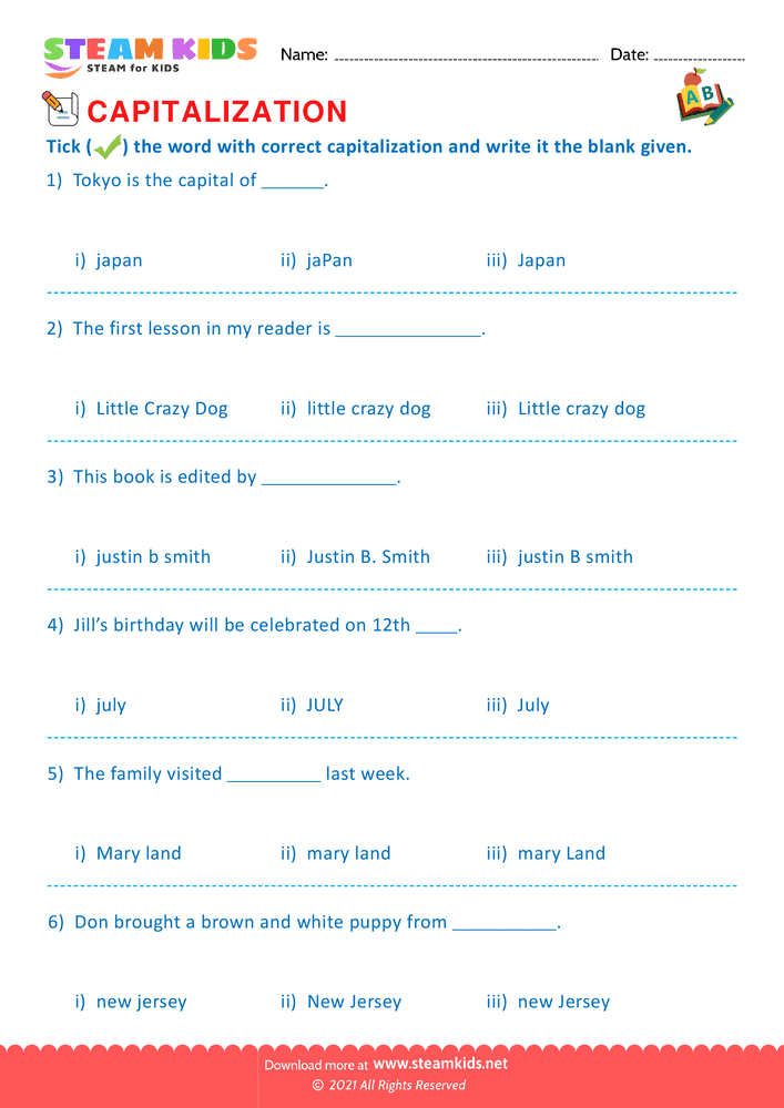 Free English Worksheet - Identify the capitalization word - Worksheet 7