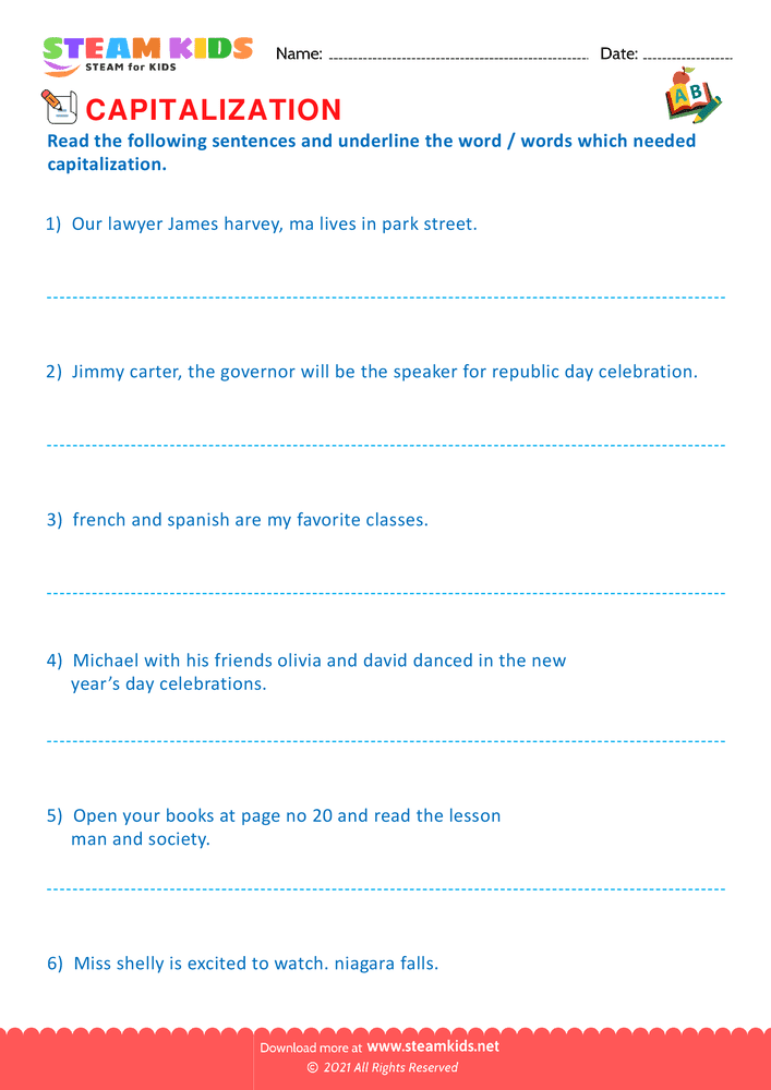 Free English Worksheet - Identify the capitalization word - Worksheet 9