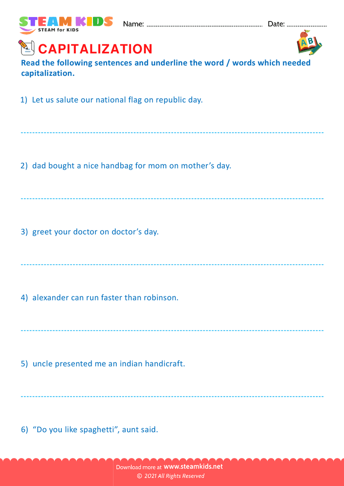 Free English Worksheet - Identify the capitalization word - Worksheet 11