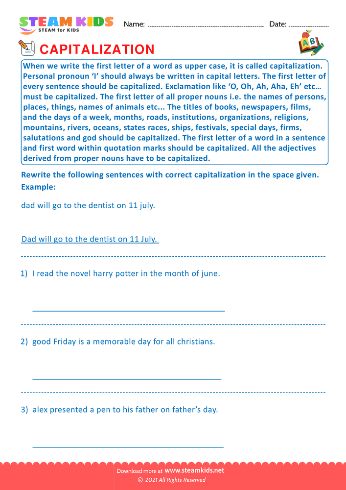 Free English Worksheet - Identify the capitalization word - Worksheet 12