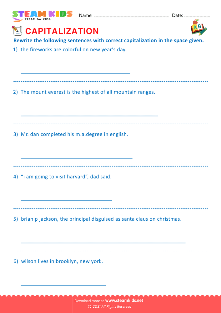 Free English Worksheet - Identify the capitalization word - Worksheet 13